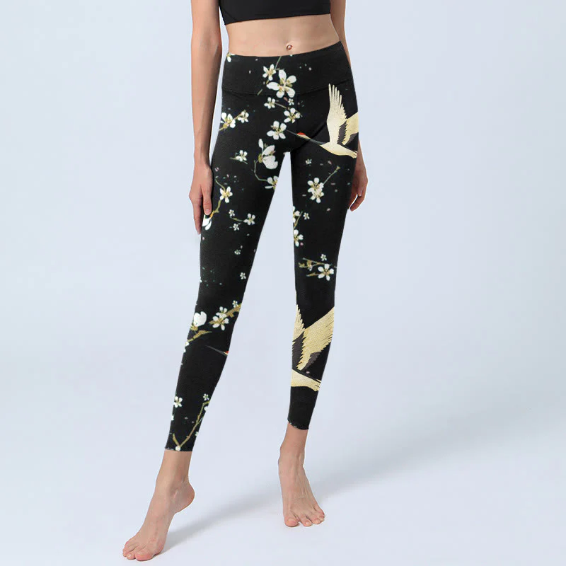 Buddha Stones Red-crowned Cranes Plum Blossoms Pattern Print Gym Leggings Women's Yoga Pants