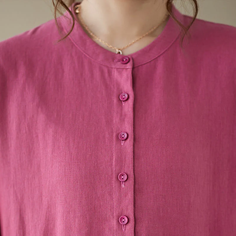 Buddha Stones Casual Plain Crew Neck Lace-up Cotton Linen Midi Dress With Pockets