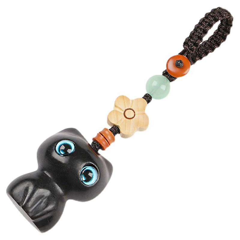 Buddha Stones Mini Small Leaf Red Sandalwood Ebony Wood Lucky Cat Lovely Kitty Peace Key Chain Phone Hanging Decoration