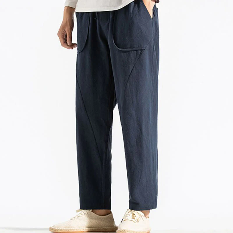 Buddha Stones Retro Casual Drawstring Design Men's Harem Cotton Plain Pants With Pockets