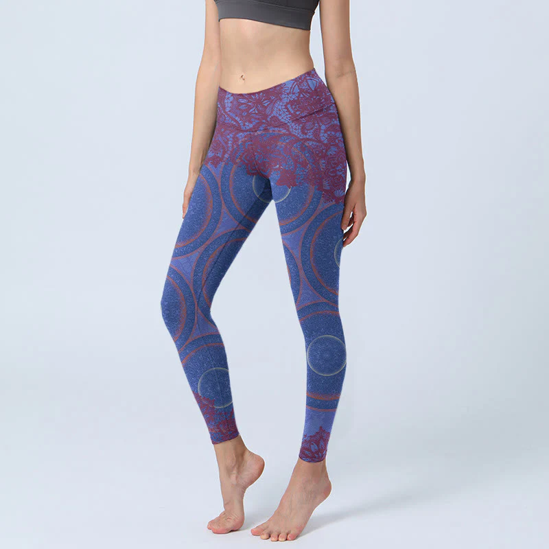 Buddha Stones Purple Compass Mandala Flower Print Gym Fitness Leggings Women's Yoga Pants