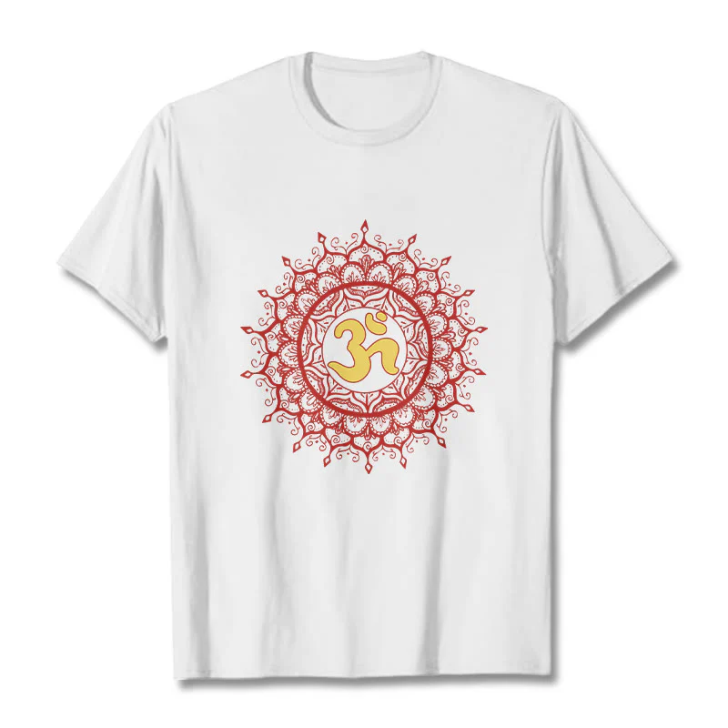 Buddha Stones Casual Red Mandala Om Symbol Pattern Cotton Tee T-shirt