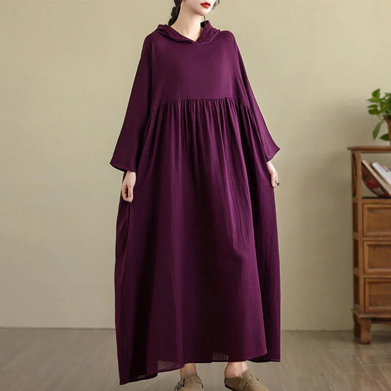 Buddha Stones Fall Hoodie Design Long Sleeve Cotton Linen Midi Dress With Pockets