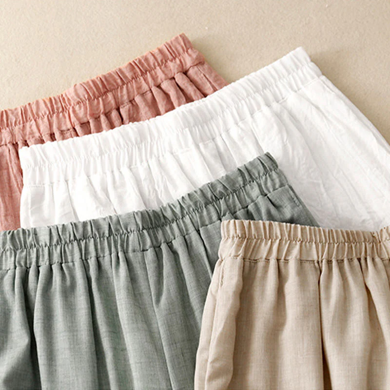 Buddha Stones Frog-Button Hem Slit Design Women's Wide Leg Cotton Linen Pants With Pockets