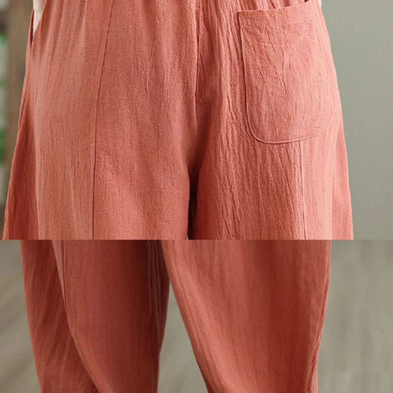 Buddha Stones Plain Pleated Design Ankle-Length Women's Cotton Linen Pants With Pockets