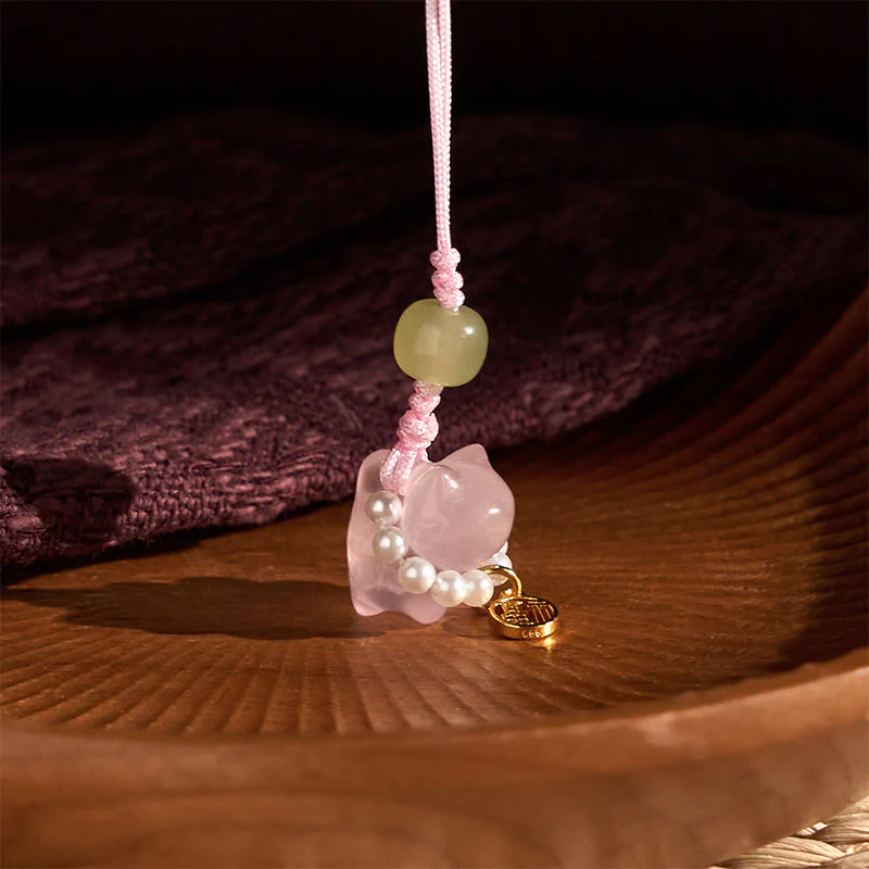 Buddha Stones Pink Crystal Amethyst Citrine Pearl Fu Character Lucky Kitten Warmth Phone Hanging Decoration