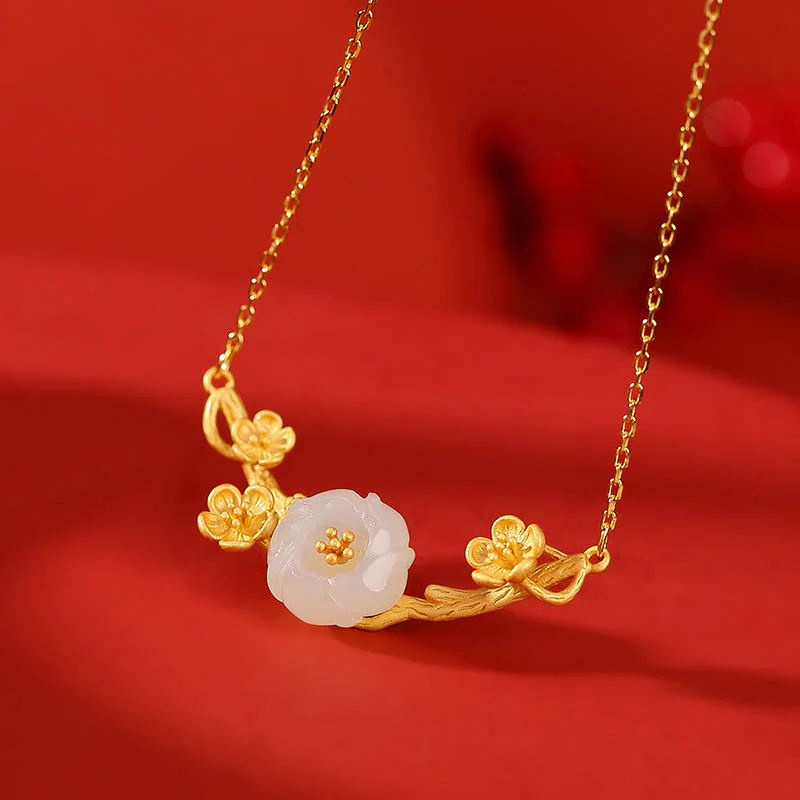 Buddha Stones 925 Sterling Silver Plated Gold Hetian Jade Plum Blossom Luck Necklace Pendant Bracelet Bangle Ring