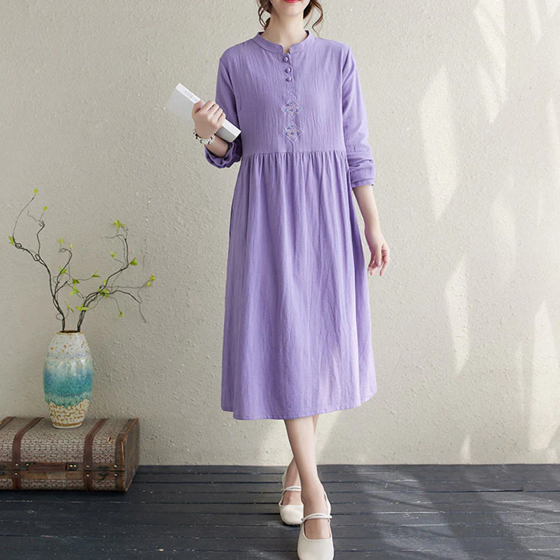 Buddha Stones Fall Ethnic Embroidery Cotton Linen Midi Dress With Pockets