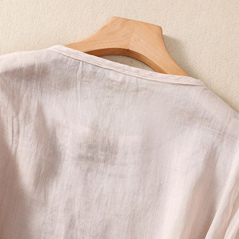 Buddha Stones Women's Crew Neck Hollow Design Half Sleeve Cotton Linen Shirt