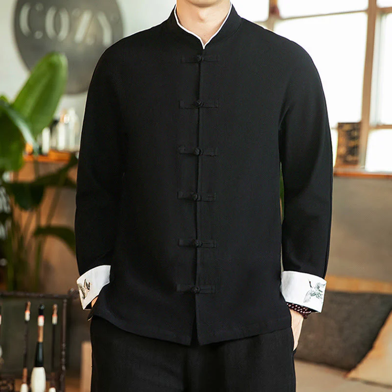 Buddha Stones Tang Suit Frog-Button Crane Embroidery Long Sleeve Cotton Men's Shirt