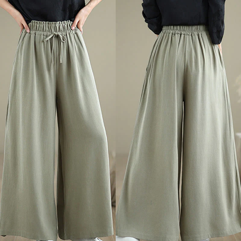 Buddha Stones Commute Plain Simple Lace-Up Design Women's Wide Leg Cotton Linen Pants With Pockets