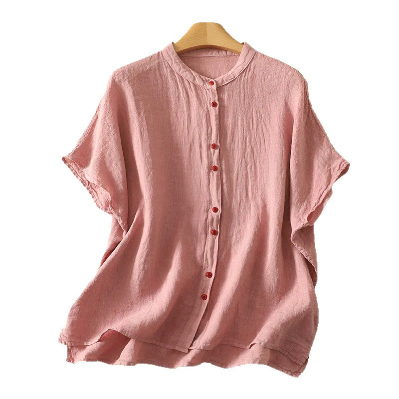 Buddha Stones Summer Plain Red Buttons Short Sleeve Women's Cotton Linen Shirt