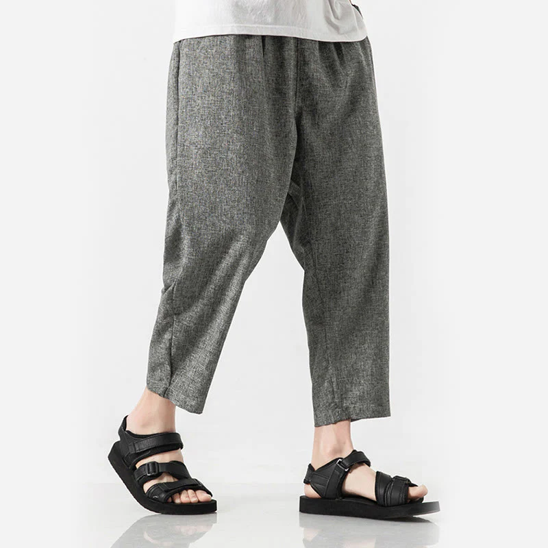 Buddha Stones Summer Plain Men's 7-8 Length Cotton Linen Pants With Pockets