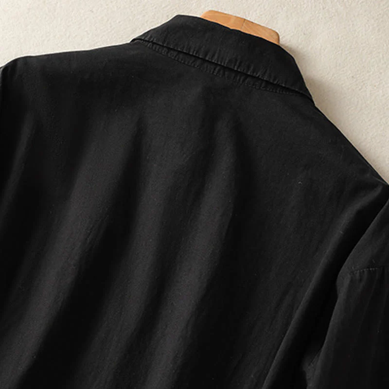 Buddha Stones Casual Plaid Pleats Buttons Design Long Sleeve Cotton Midi Dress With Pockets