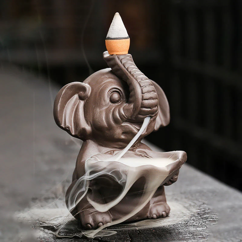 Buddha Stones Little Elephant Holding Leaf Purple Clay Backflow Smoke Fountain Healing Incense Burner Decoration