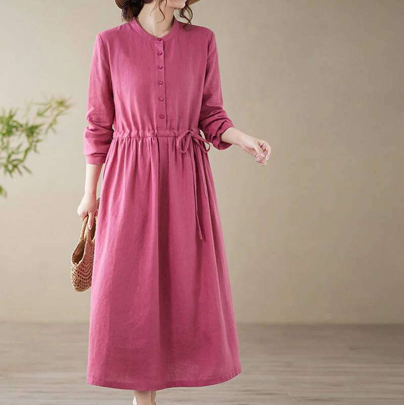 Buddha Stones Casual Plain Crew Neck Lace-up Cotton Linen Midi Dress With Pockets
