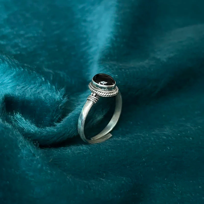 Buddha Stones 925 Sterling Silver Handmade Black Onyx Fortune Adjustable Ring