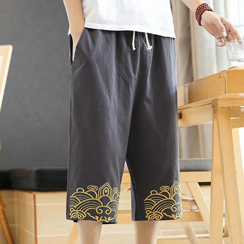 Buddha Stones Spring Casual Embroidery Drawstring Men's 7-8 Length Cotton Linen Harem Pants With Pockets