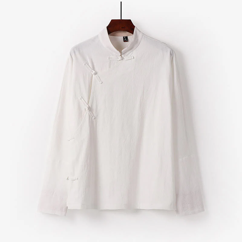Buddha Stones Vintage Plain Chinese Frog-Button Cotton Long Sleeve Men's Shirt
