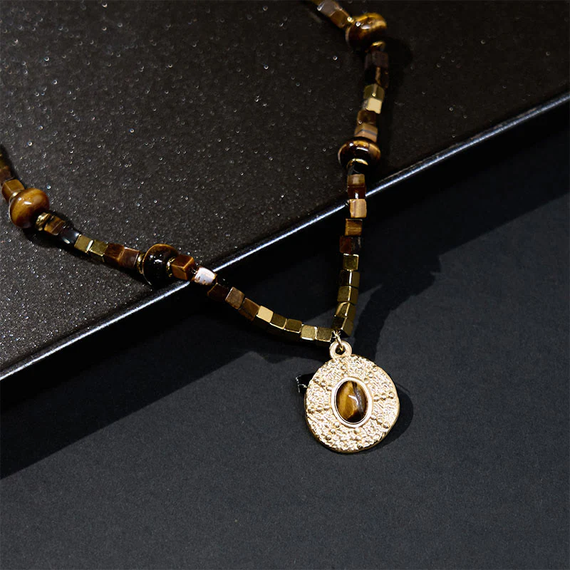 Buddha Stones Natural Tiger Eye Square Protection Titanium Steel Necklace Pendant