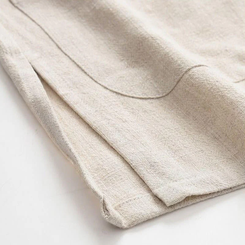 Buddha Stones 2Pcs Tang Suit Frog-Button Long Sleeve Shirt Pants Linen Cotton Men's Set