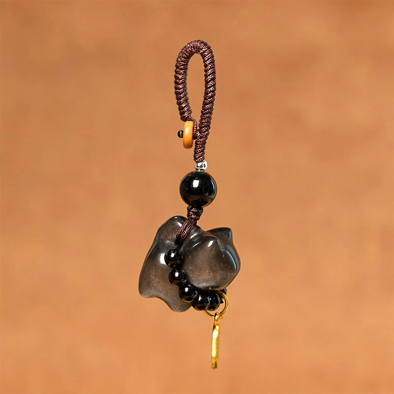 Buddha Stones Silver Sheen Obsidian Black Obsidian Gold Sheen Obsidian Cute Cat Fu Character Protection Key Chain Phone Hanging Decoration