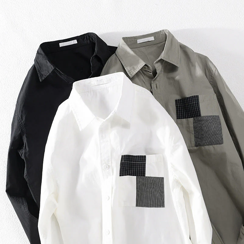 Buddha Stones Spring Daily Line Patchwork Design Lapel Men's Long Sleeve Cotton Linen Shirt With Pockets