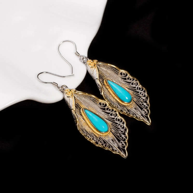Buddha Stones 925 Sterling Silver Turquoise Bodhi Leaf Pattern Protection Drop Dangle Earrings