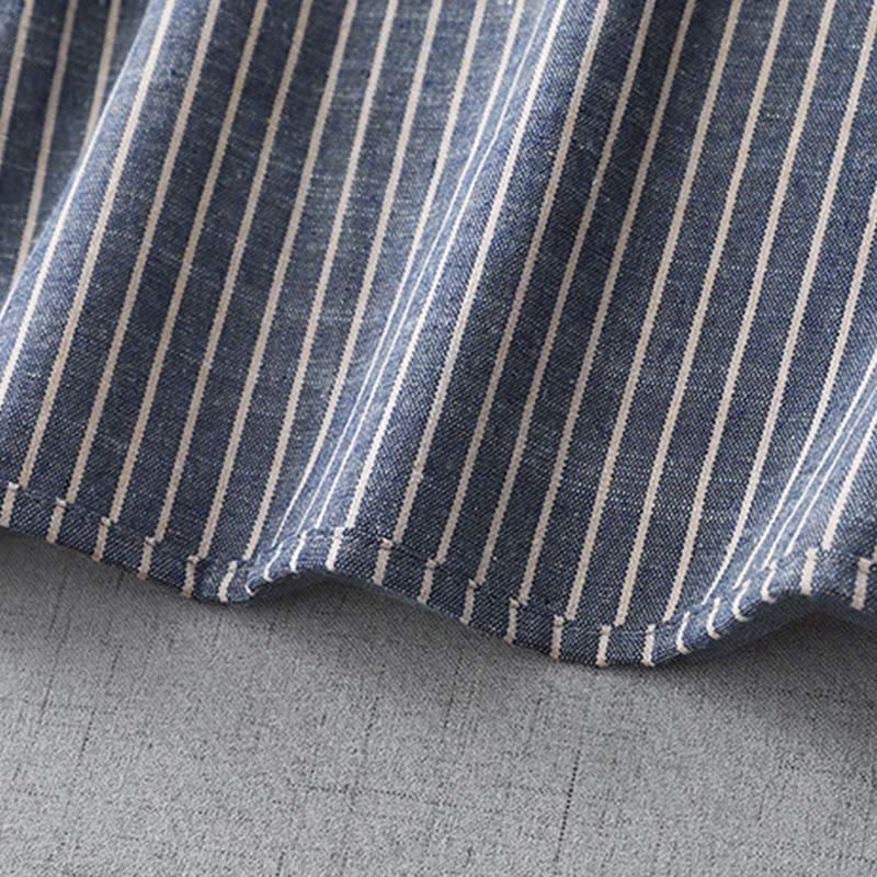 Buddha Stones LightSteelBlue White Striped Button Design Lapel Cotton Linen Midi Dress With Pockets