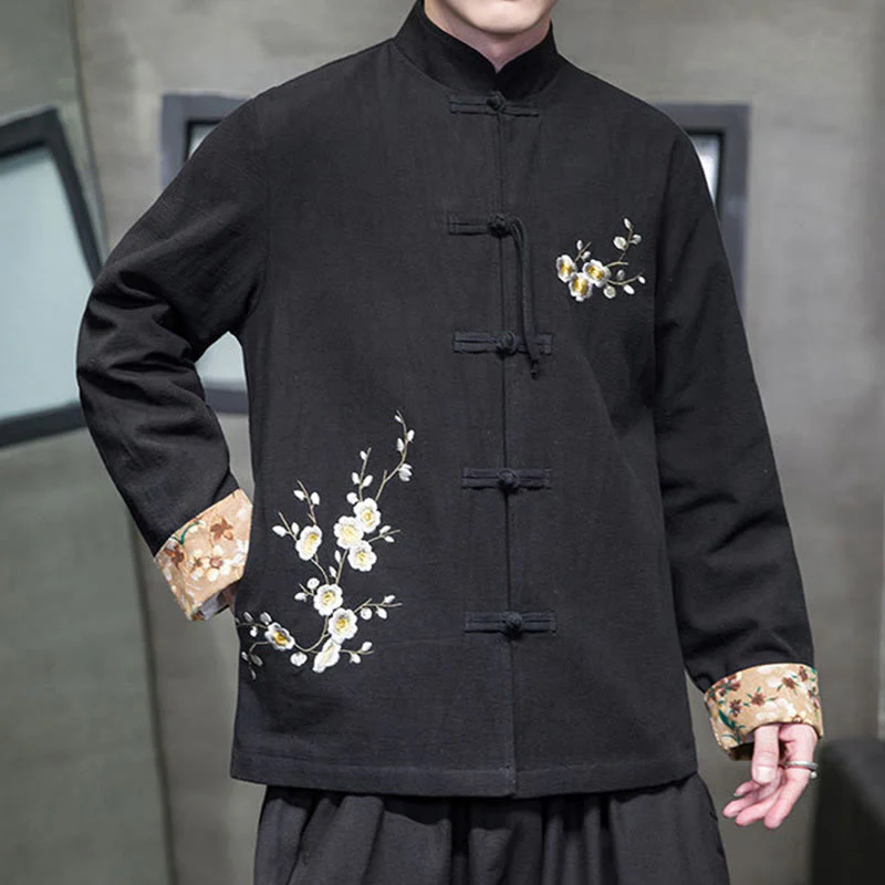 Buddha Stones Plum Blossom Embroidery Cuff Flower Design Frog-button Tang Suit Cotton Linen Men's Jacket Shirt