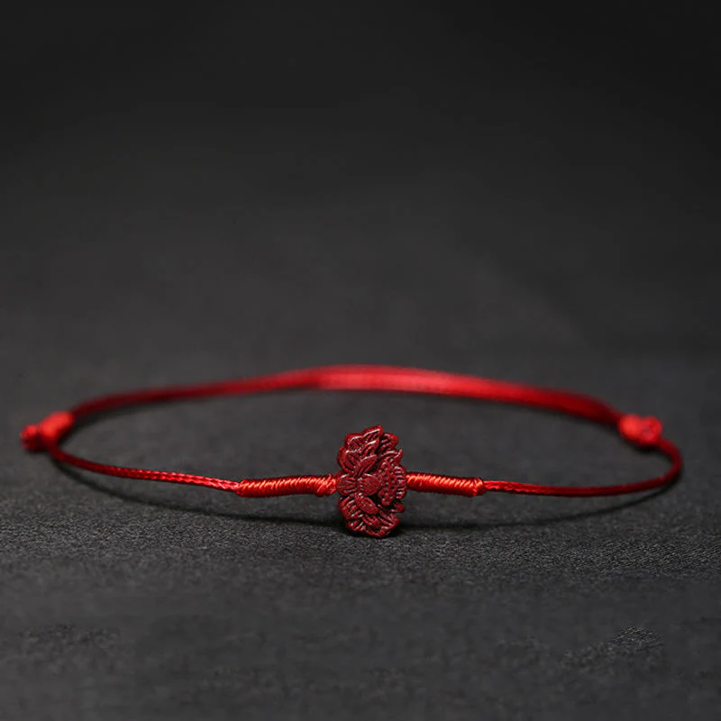 Buddha Stones Handmade Plum Blossom Four Leaf Clover PiXiu Lotus Koi Fish Cinnabar Blessing Braid Bracelet