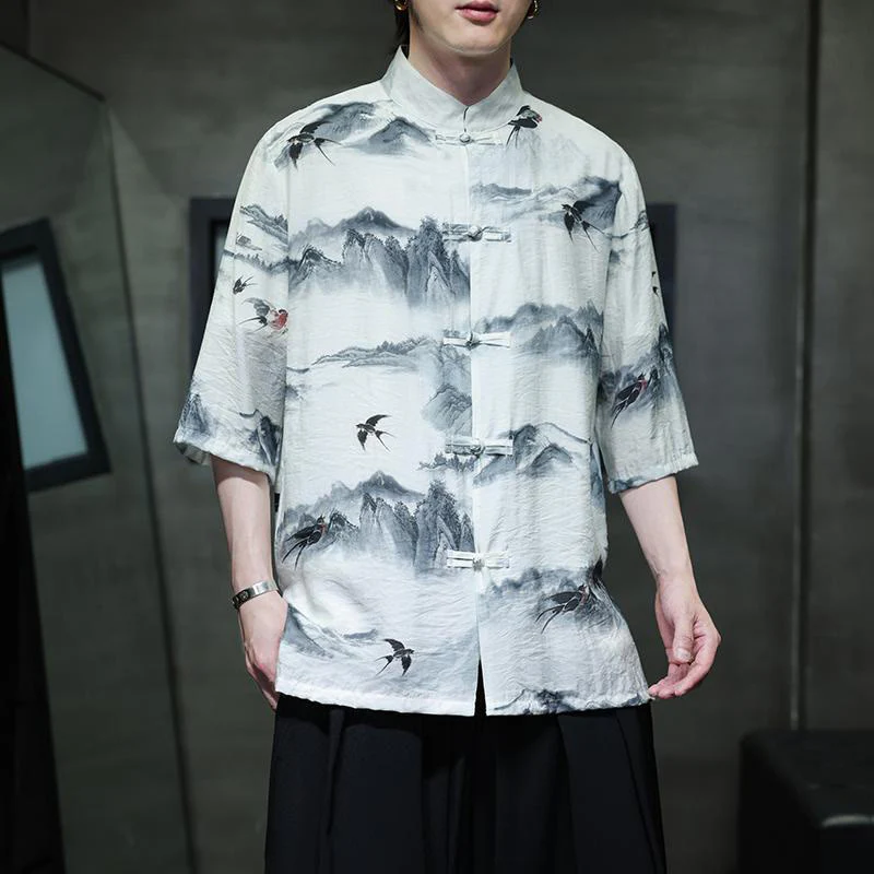 Buddha Stones Ink Painting Mountains Chinese Frog-Button Tang Suit Men's Half Sleeve Cotton Linen Shirt