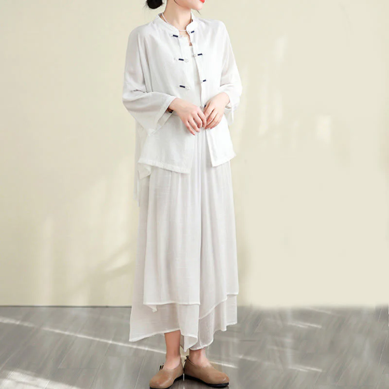 Buddha Stones 2pcs Casual Women's Frog Button Shirt Loose Pants Meditation Clothing Set