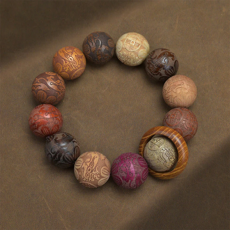 Buddha Stones Carving Sandalwood Chinese Zodiac Auspicious Dragon Phoenix Fu Character Healing Bracelet