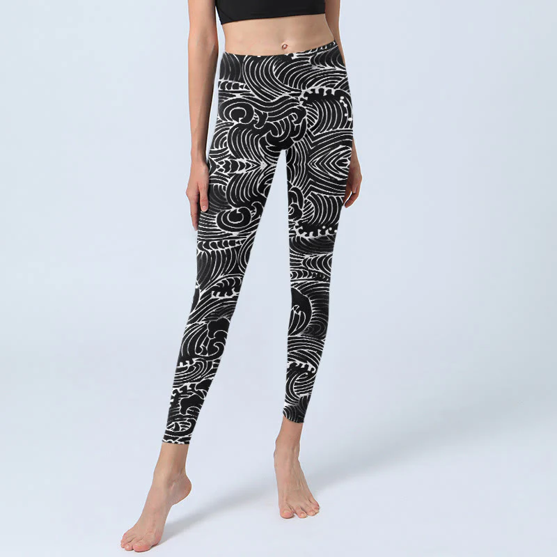 Buddha Stones White Line Waves Pattern Print Gym Leggings Women's Yoga Pants