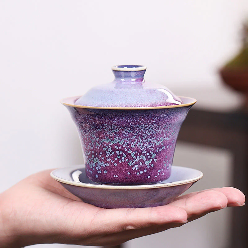 Buddha Stones Retro Glaze Kiln Change Ceramic Gaiwan Sancai Teacup Kung Fu Tea Cup And Saucer With Lid