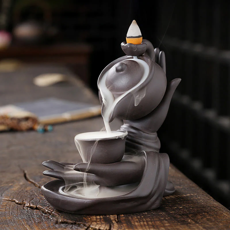 Buddha Stones Buddha Hand Holding Teapot Cup Ceramic Backflow Smoke Fountain Healing Incense Burner Decoration