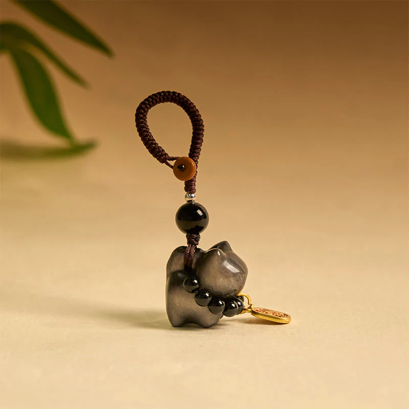 Buddha Stones Silver Sheen Obsidian Black Obsidian Gold Sheen Obsidian Cute Cat Fu Character Protection Key Chain Phone Hanging Decoration