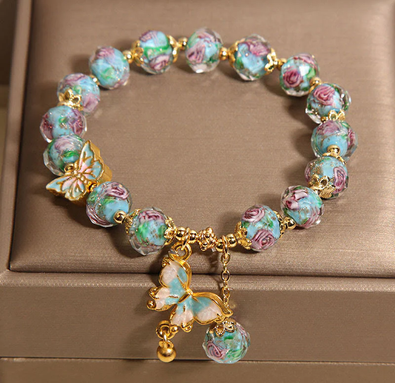 Buddha Stones Butterfly Charm Rose Flower Liuli Bracelet