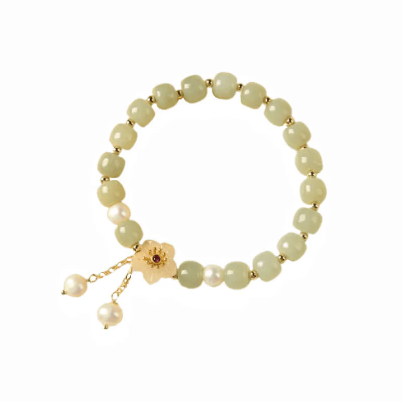 Buddha Stones Hetian Jade Flower Pearl Happiness Abundance Bracelet