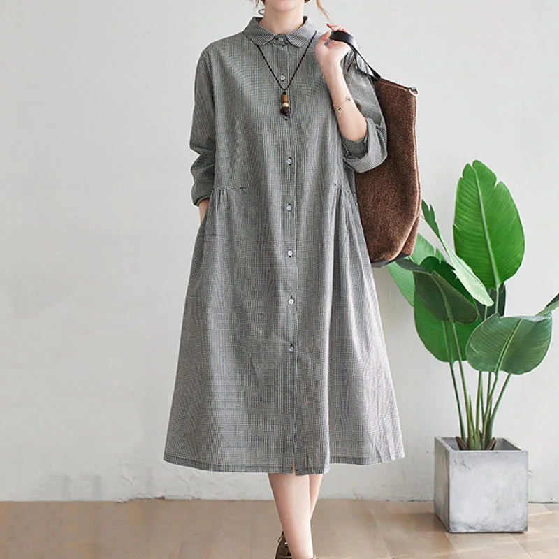 Buddha Stones Small Grid Pattern Cotton Linen Women's Midi Dress With Pockets