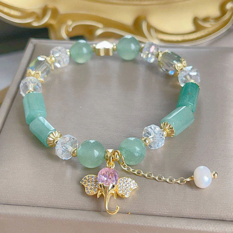 Buddha Stones Amethyst Green Aventurine Strawberry Quartz Positive Elephant Charm Bracelet