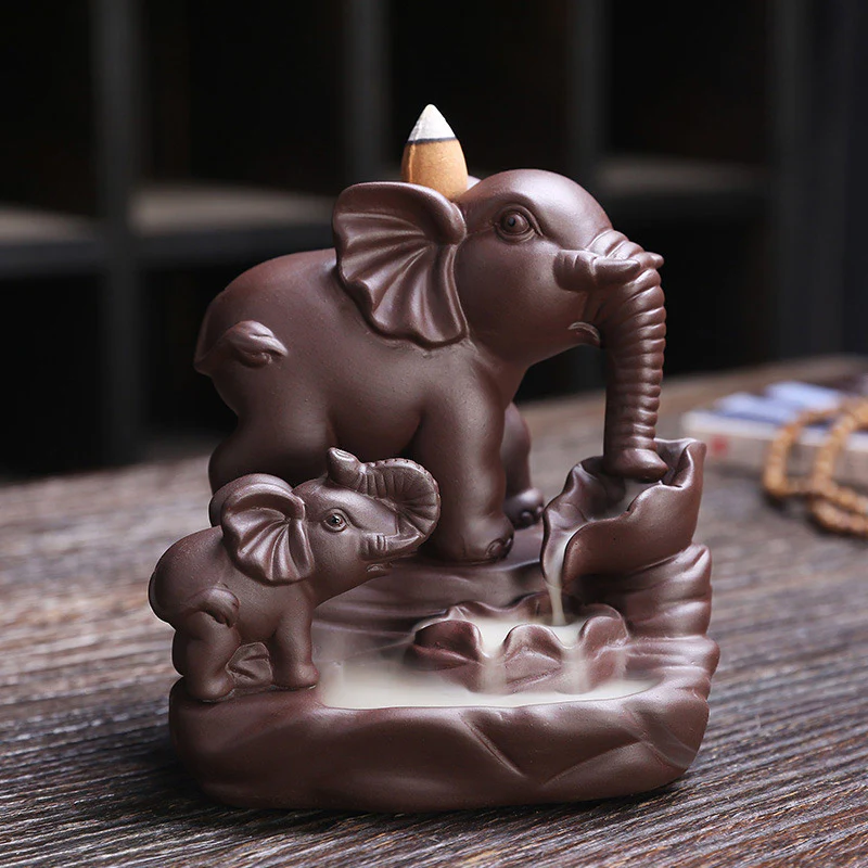 Buddha Stones Tibetan Elephant Purple Clay Backflow Smoke Fountain Protection Incense Burner Decoration