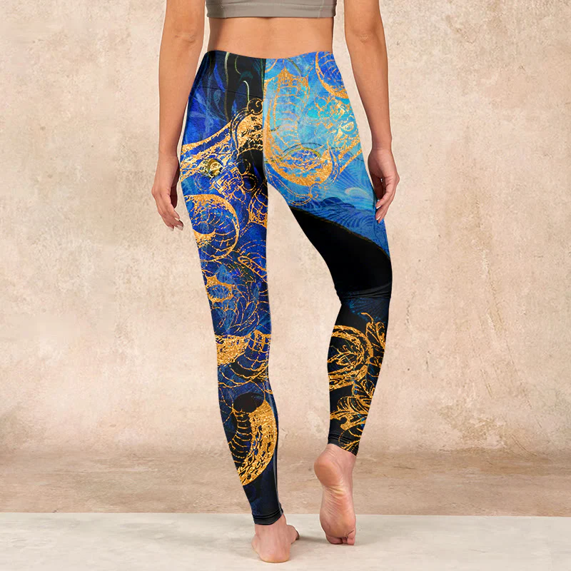 Buddha Stones Black Snake Butterfly Flower Leaves Print Gym Leggings Women's Yoga Pants