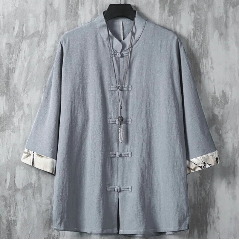 Buddha Stones Summer Plain Chinese Frog-button Patchwork Design Cotton Linen Men's Shirt Jacket