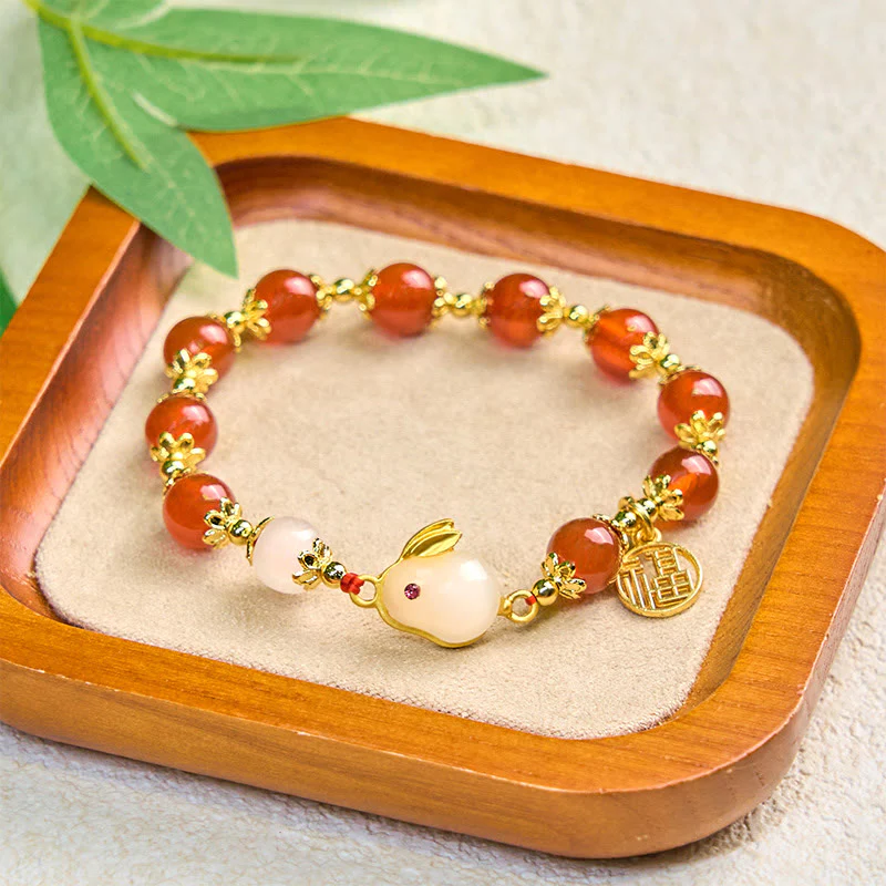 Buddha Stones Red Agate Chalcedony Rabbit Fu Character Confidence Bracelet
