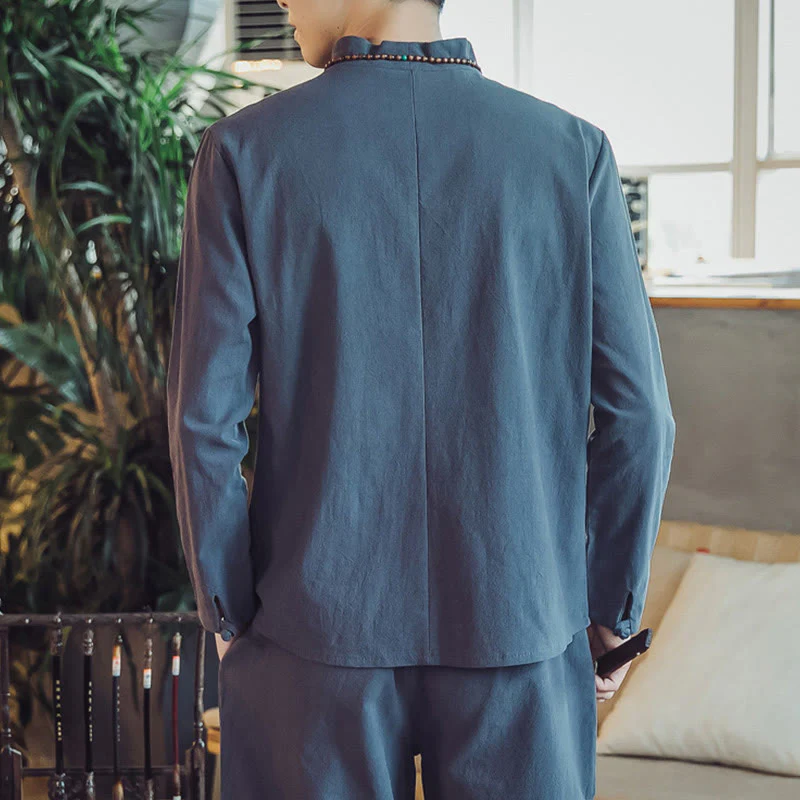 Buddha Stones 2Pcs Cotton Shirt Ankle-Length Pants With Pockets Men's Meditation Cloth Set