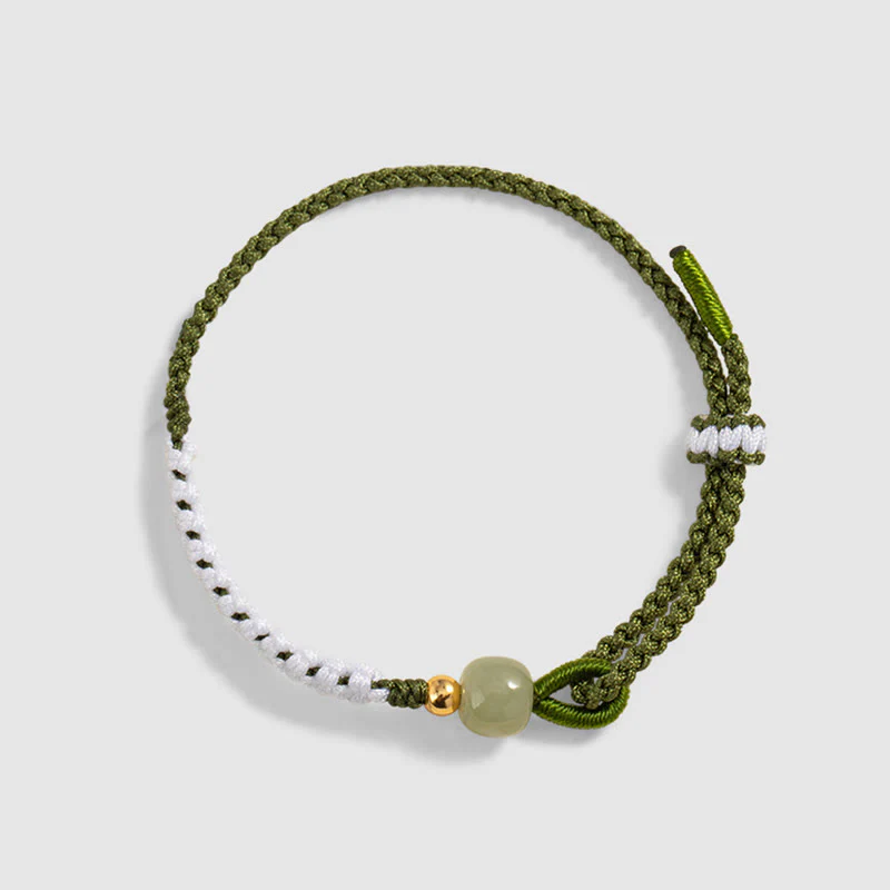 Buddha Stones 925 Sterling Silver Hetian Jade Bead Luck Braided Rope Bracelet