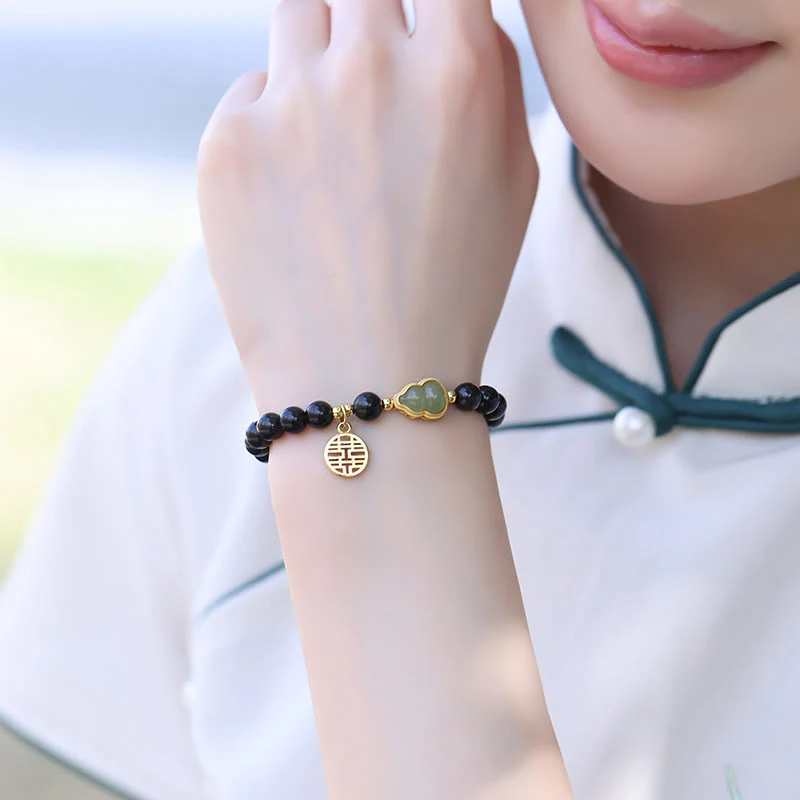 Buddha Stones Natural Black Obsidian Hetian Jade Gourd Double Happiness Strength Bracelet
