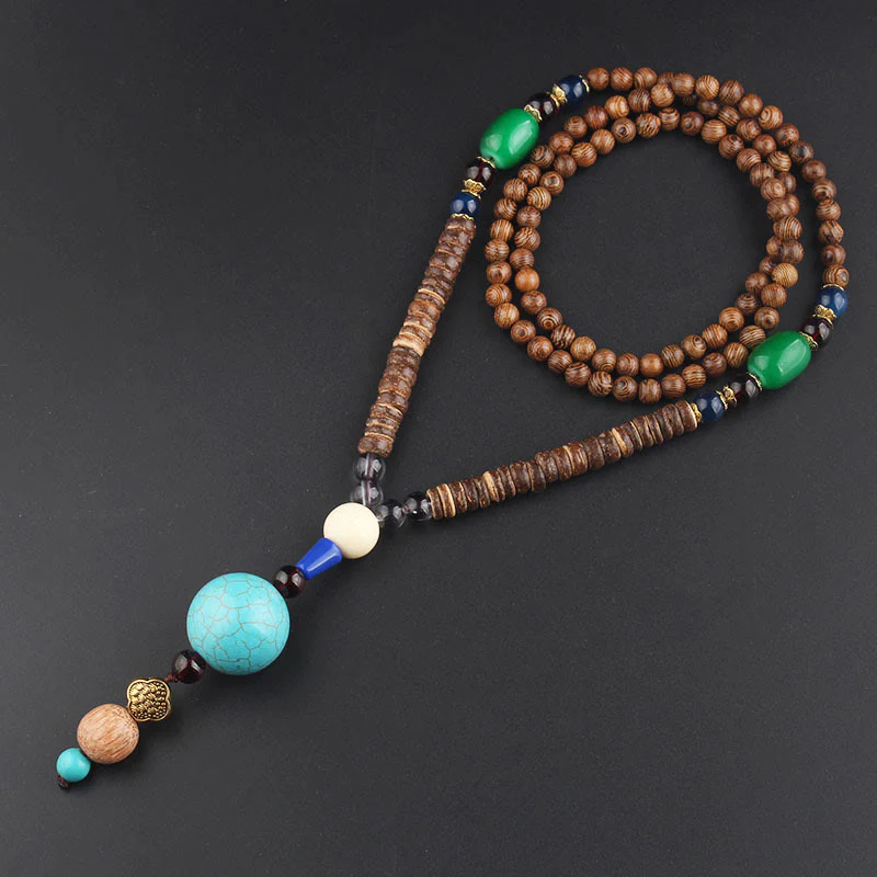 Buddha Stones Tibetan Wenge Wood Bodhi Seed Agate Balance Peace Necklace Pendant